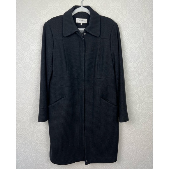 Calvin Klein Pea Coat Wool Black Zip Up 12 Textured Formal Warm Winter - Picture 1 of 8